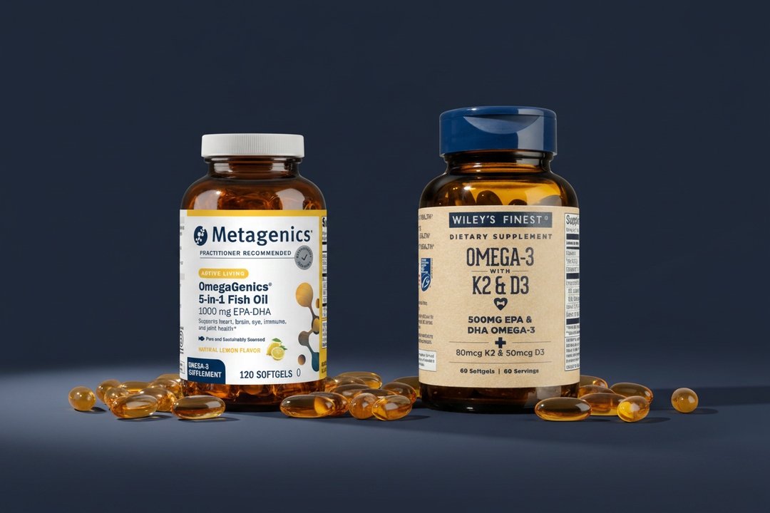 Metagenics OmegaGenics and Wiley's Finest Omega-3 supplement bottles comparison — Khang Pharmacy Clinical Insights