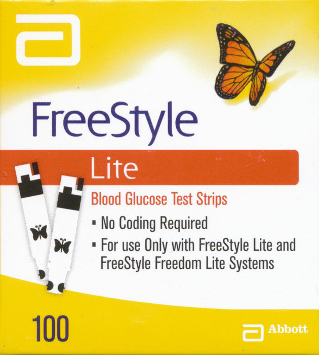 Front of a FreeStyle Lite blood glucose test strips box by Abbott, with a yellow-to-white gradient background, orange butterfly artwork, two test strips shown, and text indicating 100 strips.