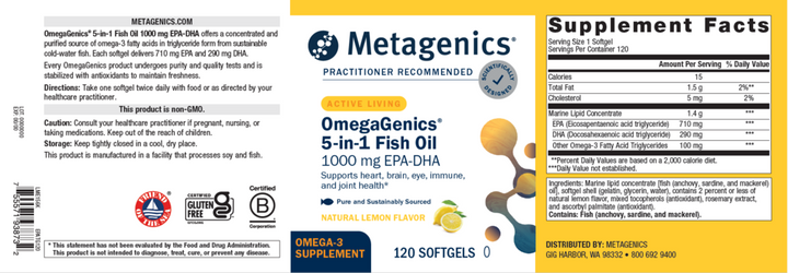 Metagenics OmegaGenics® 5-in-1 Fish Oil 1000 mg EPA-DHA, Lemon Flavor 60, 120 Softgels