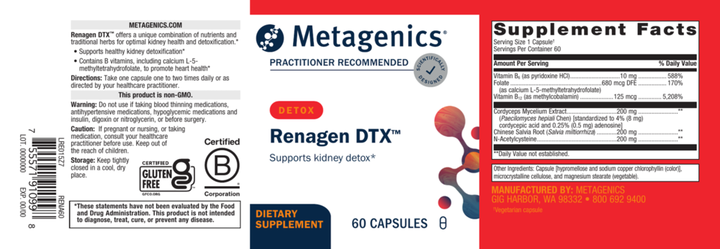 Metagenics® Renagen DTX™ – Kidney Detox &amp; Renal Support (60 Vegetarian Capsules)