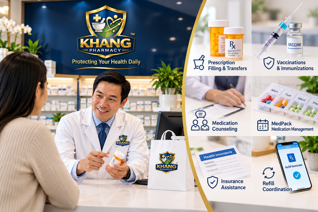 A promotional collage for Khang Pharmacy showing a doctor and patient in a clinic setting, with the Khang Pharmacy logo prominently displayed. The right side includes feature icons and text for prescription filling and transfers, vaccinations and immunizations, medication counseling, MedPack medication management, health insurance assistance, and refill coordination, alongside small photos of medicine bottles, a syringe, a vaccination vial, pills, and a smartphone.